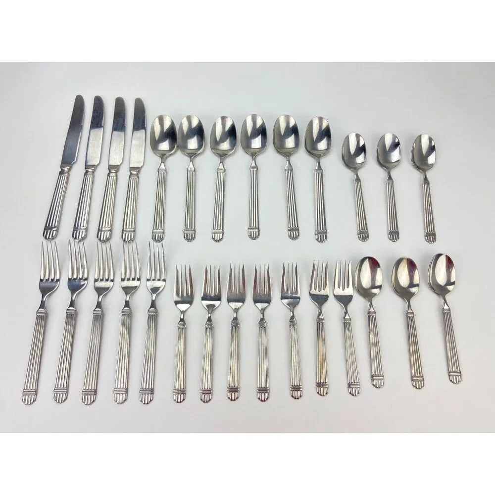 Farberware MARISSA Stainless 28pc Set Ridges Ribbed Flatware Forks Knives Spoons